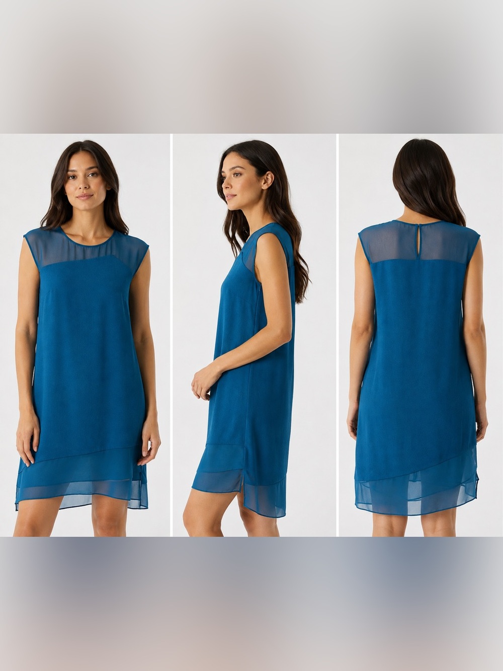 NWT Parker Silk Overlay Shift  Midi Dress Women’s M Arctic Blue Sheer Cocktail